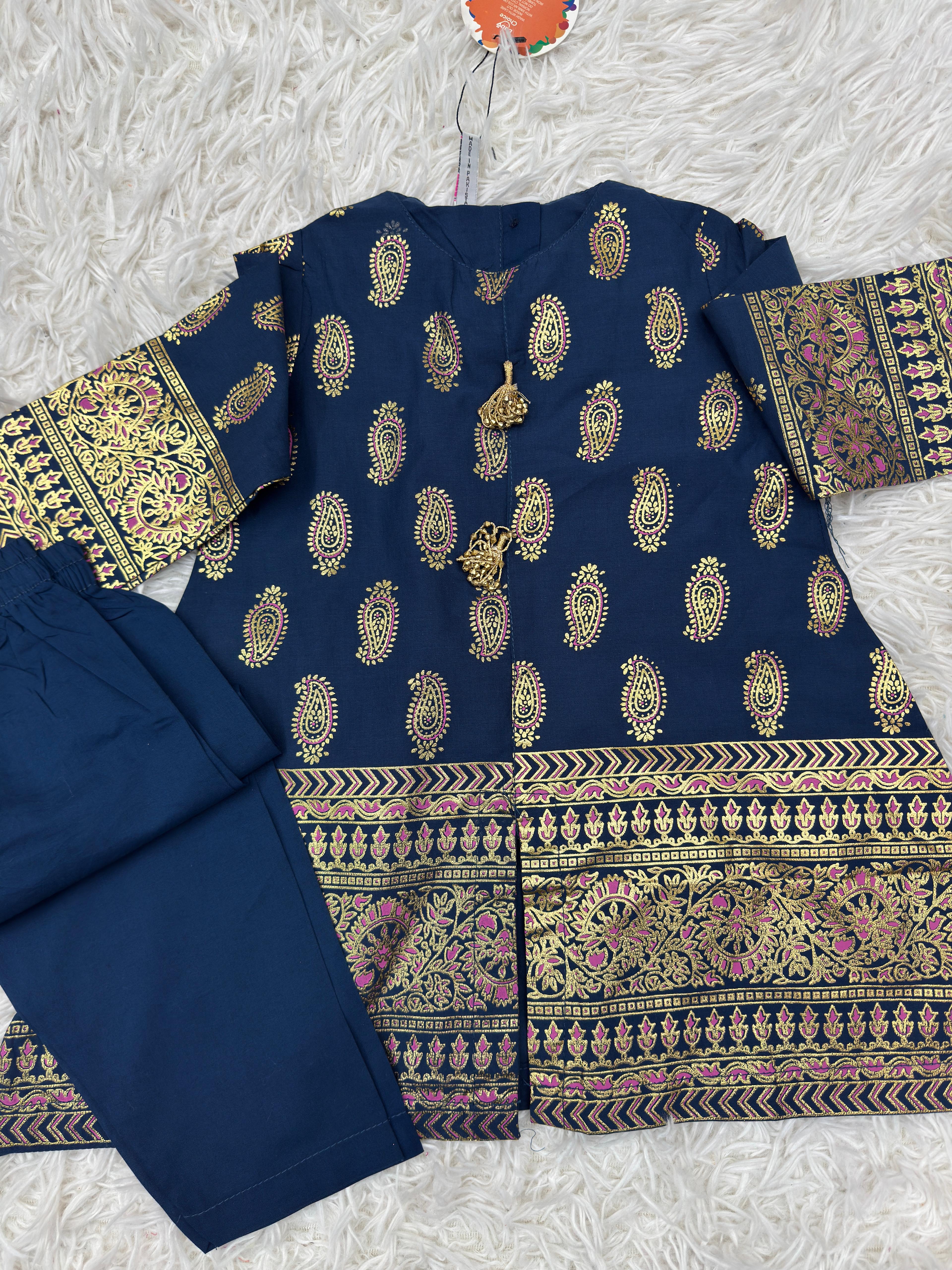 Elegant blue Baby Choice girls 2 piece cotton dress with printed sleeves available at Maryam Qasim Boutique in Canada