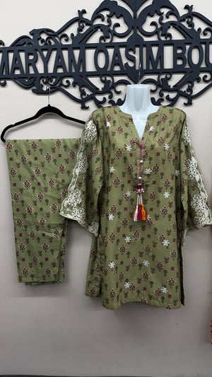 Elegant olive green embroidered Pakistani suit with printed cotton straight trouser