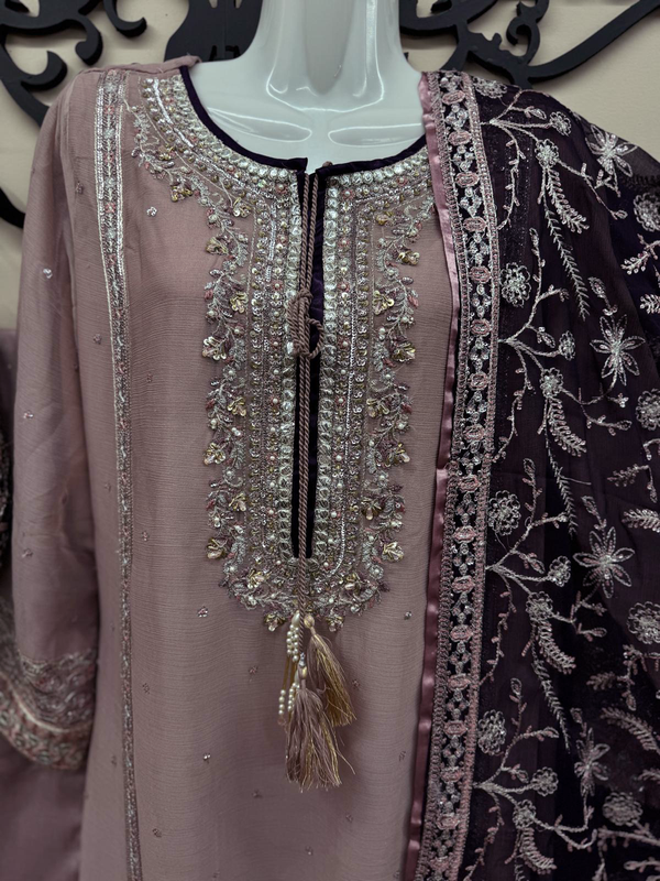 Elegant Chiffon Embroidered 4Pc Dress with Dupatta & Potli Bag