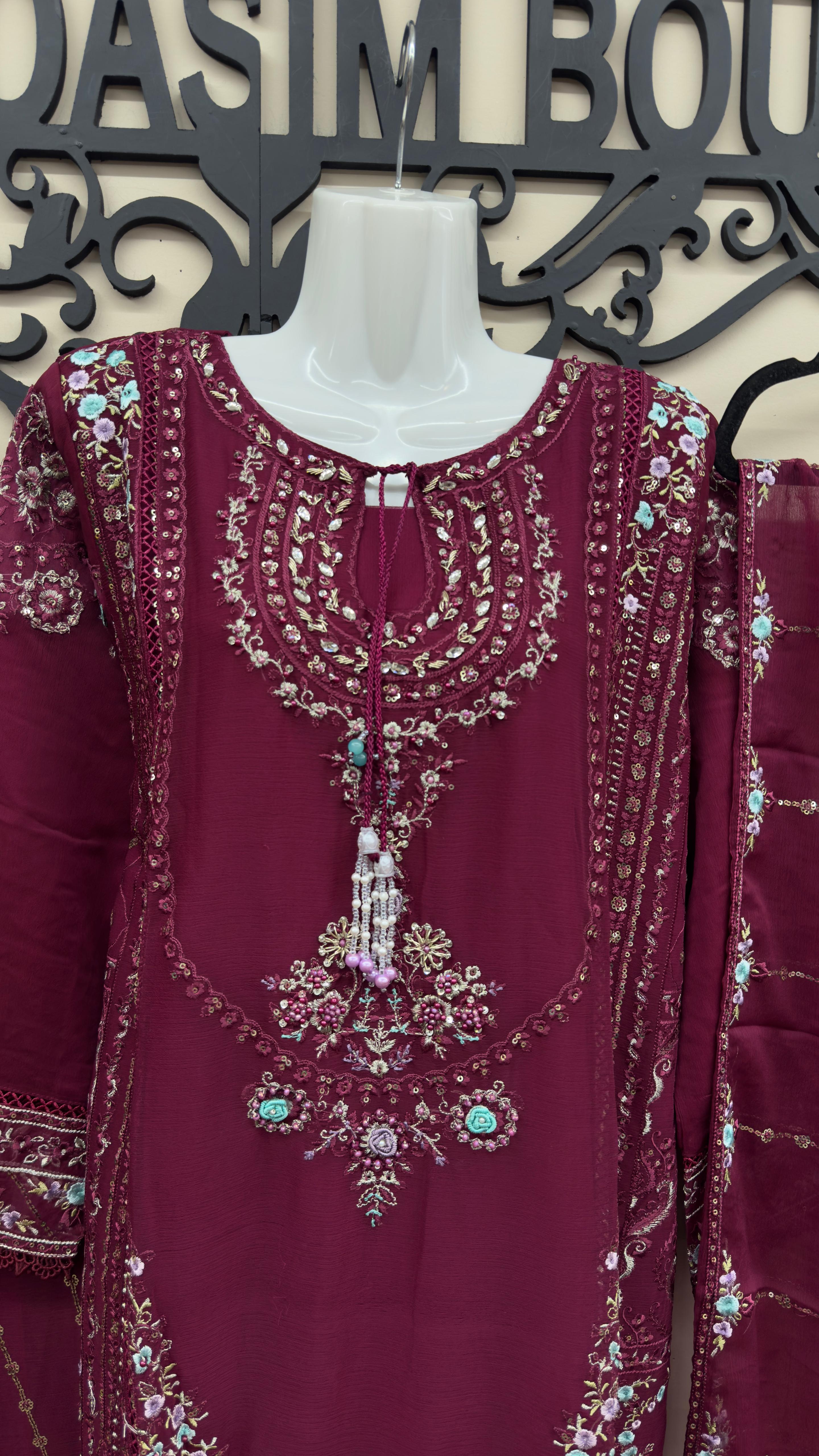 Embroidered burgundy Pakistani dress Canada