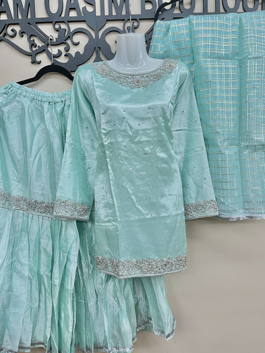 Masoori Silk Gharara Outfit 3PC Ice Blue