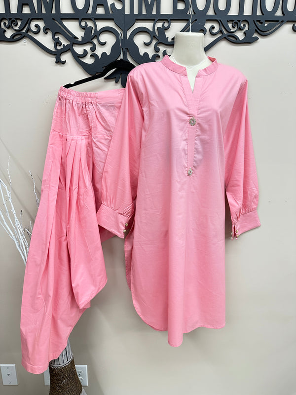 2PC Pink Lilen Shalwar Outfit L
