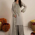 3 pcs Grey Raw Silk Sharara Suit – Zarqun Formal Pakistani Dress Canada