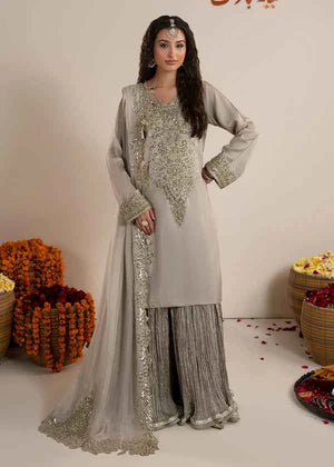 3 pcs Grey Raw Silk Sharara Suit – Zarqun Formal Pakistani Dress Canada