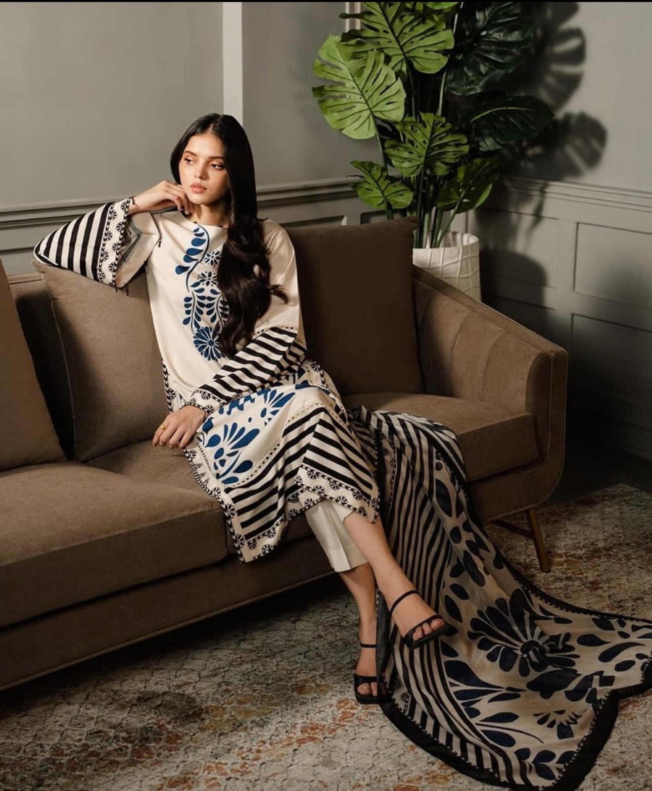 Silk Printed 3-Piece Long Shirt Suit with Palazzo Pants & Dupatta – Elegant Formal Wear