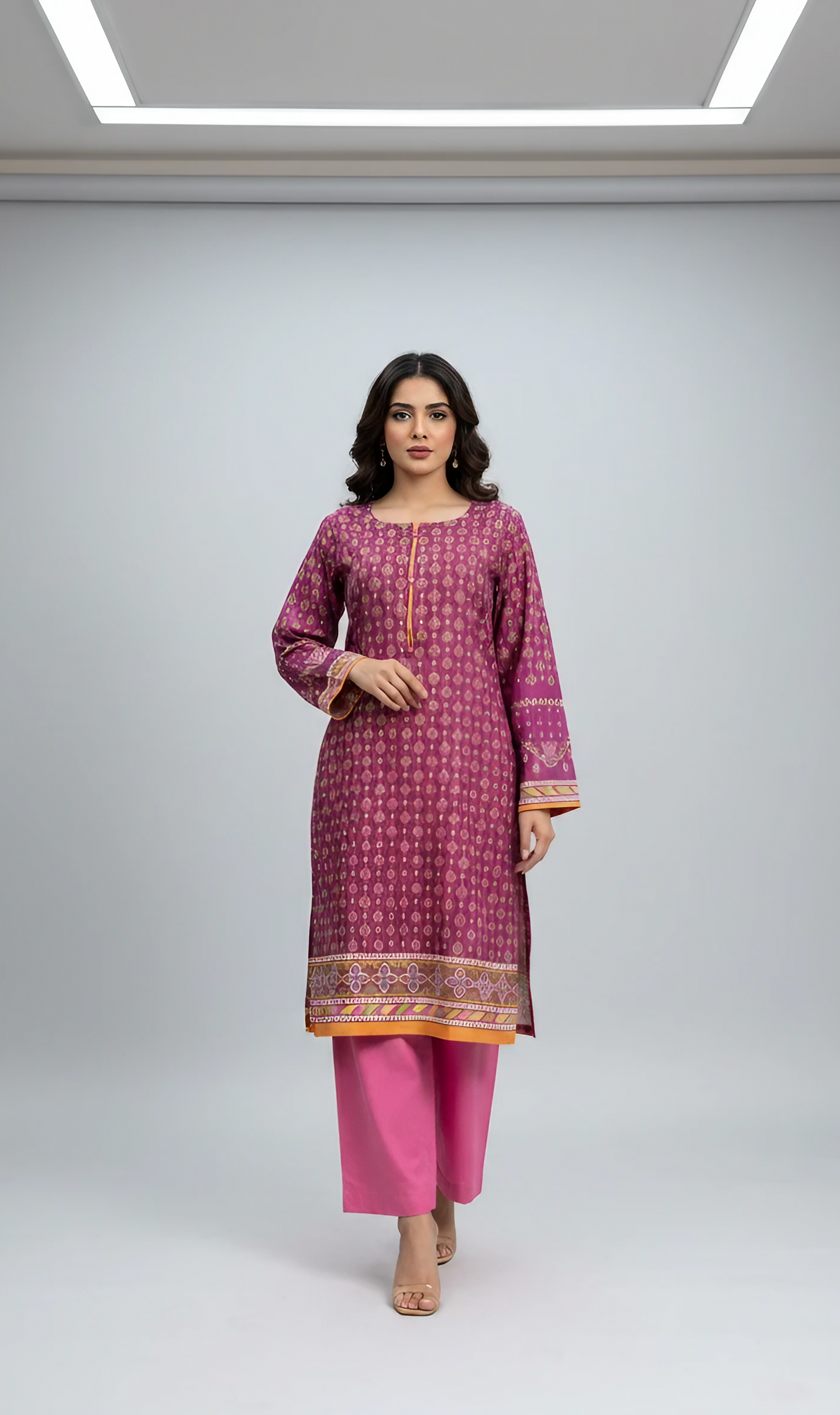 2 Pcs Lawn Printed Suit for Women – Shirt with Embroidered Sleeves & Plain Trouser