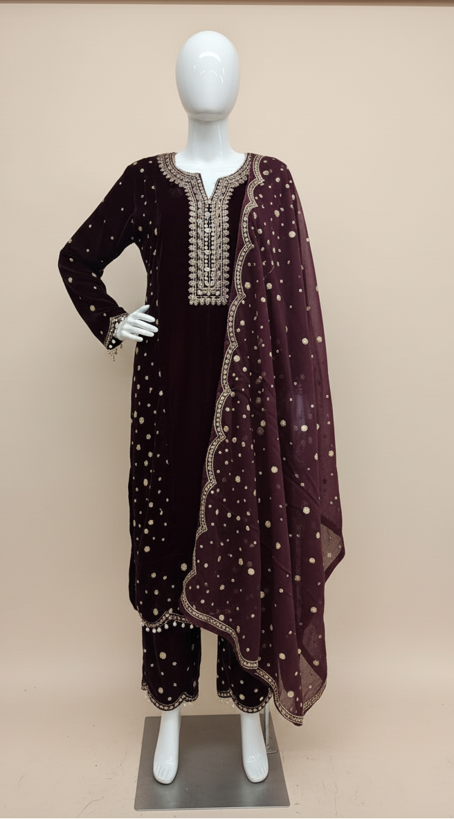 Elegant 3-Piece Velvet Embroidered Ensemble for Women