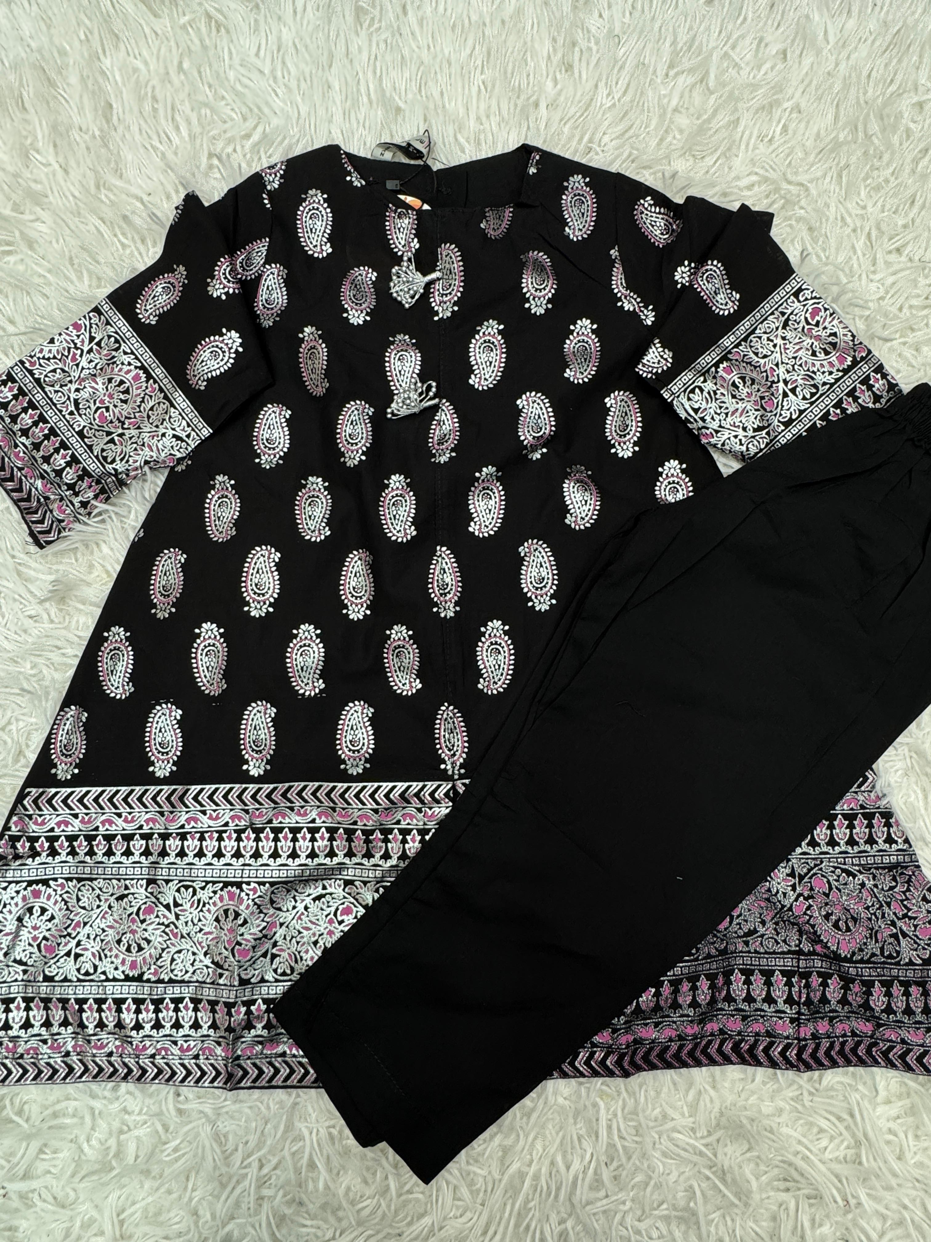 Girls black embroidered 2 piece cotton suit from Maryam Qasim Boutique in Canada.