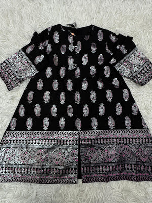Girls black printed cotton outfit by Baby Choice featuring front tassels and ethnic border detailing.