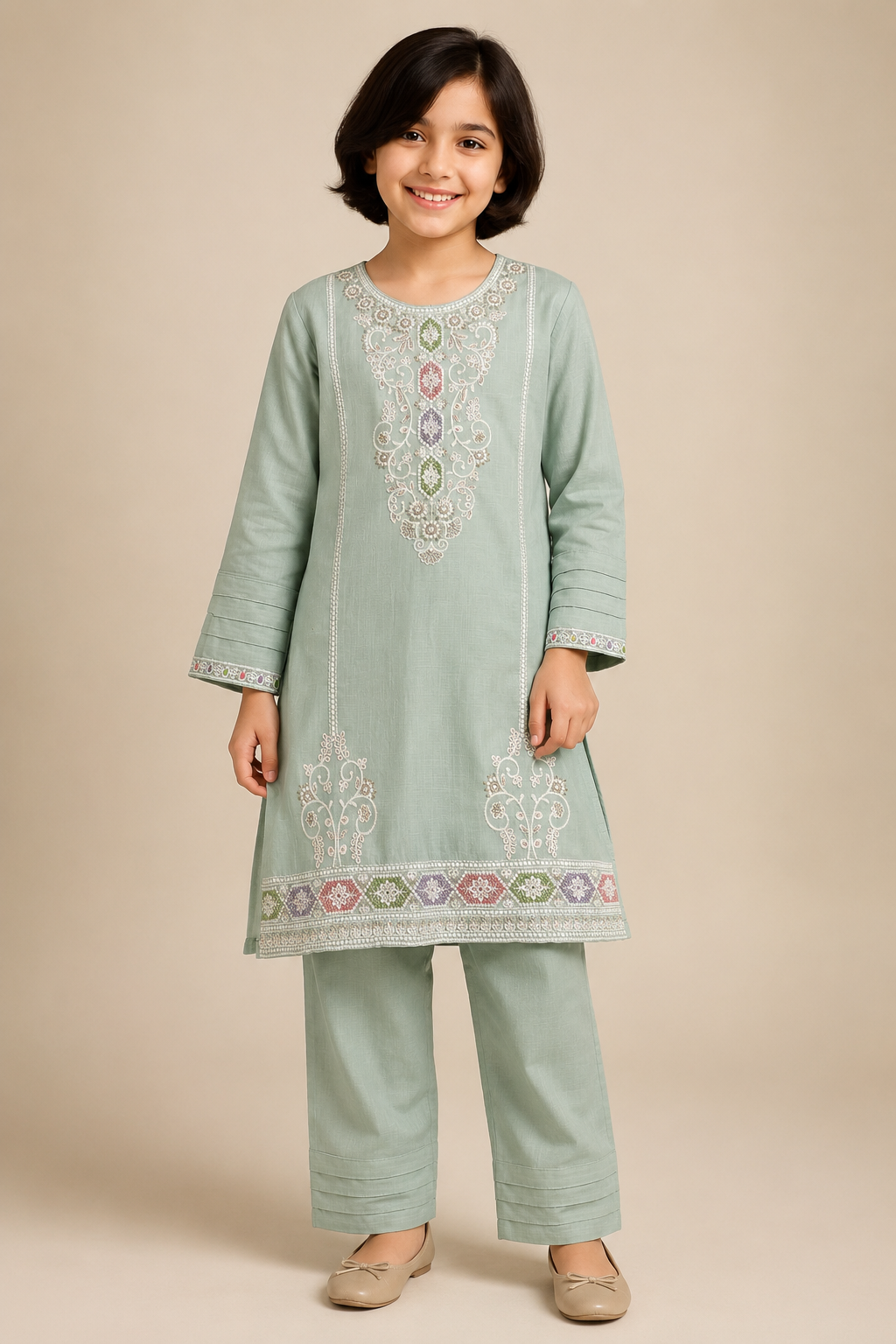 Girls sage green embroidered cotton 2 piece suit by Baby Choice in Canada