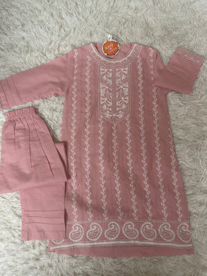 Girls soft pink embroidered cotton outfit by Baby Choice at Maryam Qasim Boutique in Canada