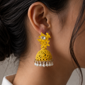 Yellow Peacock Design Jhumka Earrings with Pearl Drops