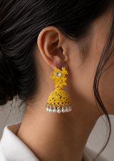 Yellow Peacock Design Jhumka Earrings with Pearl Drops