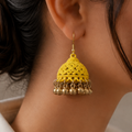 Yellow Carved Jhumka Earrings with Gold-Tone Moti Drops