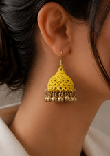 Yellow Carved Jhumka Earrings with Gold-Tone Moti Drops