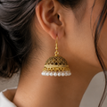 Gold-Tone Jhumka Earrings with White Pearl-Style Moti Drops