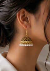 Gold-Tone Jhumka Earrings with White Pearl-Style Moti Drops