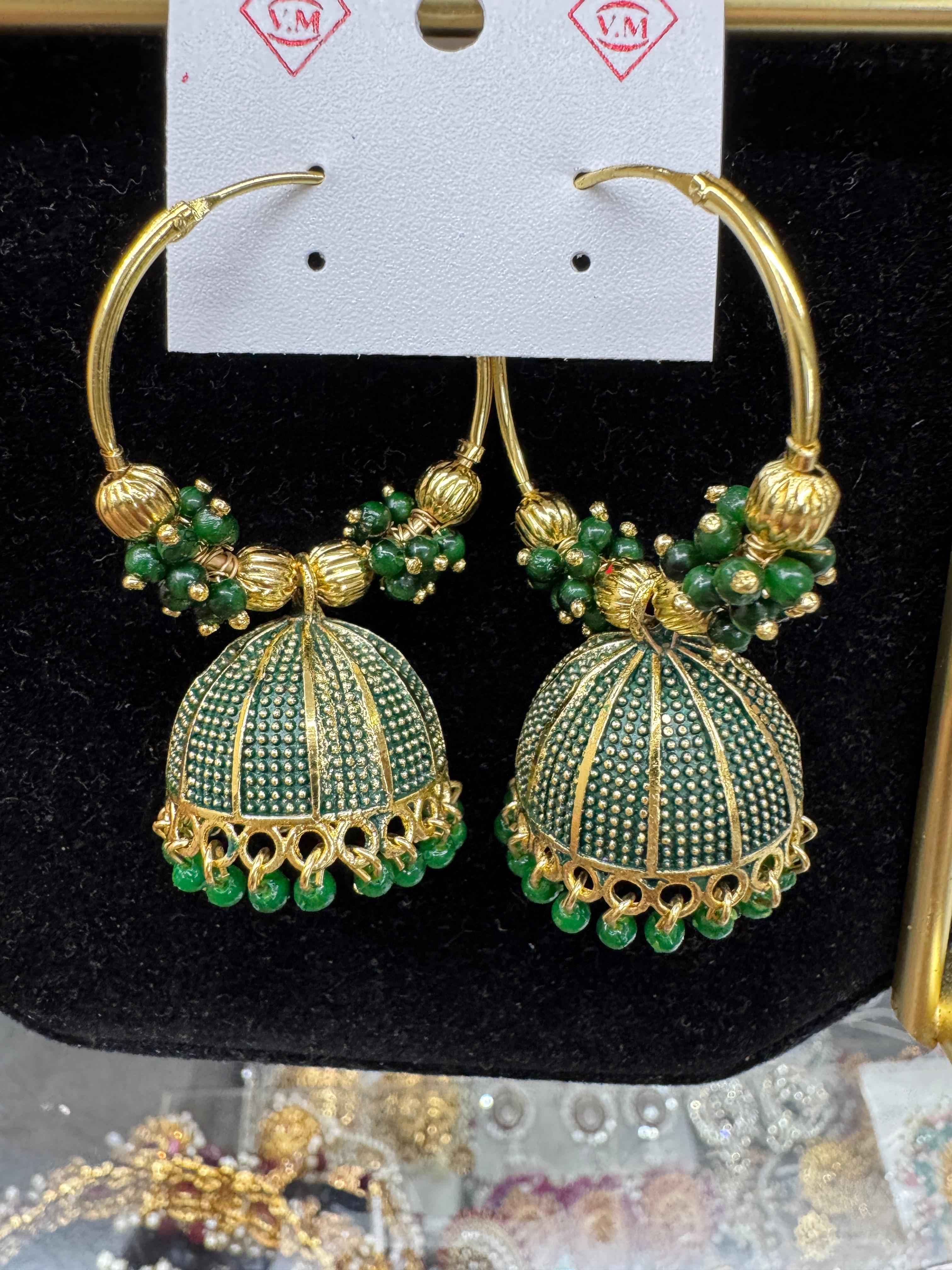 Green Dome Jhumka Earrings with Gold Hoop