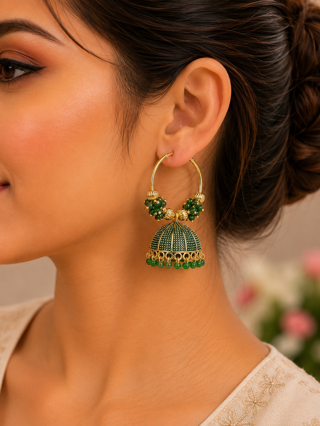 Pakistani style Green dome jhumka earrings with gold hoop canada
