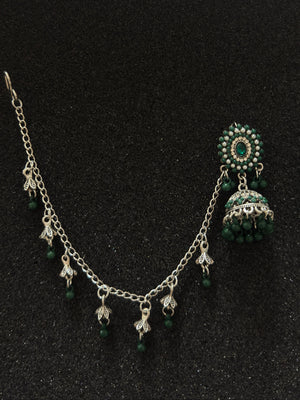 Oxidized silver jhumka earrings with emerald green stones and decorative sahara chain.