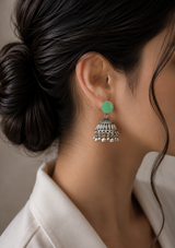 Sea Green Stone Silver Jhumka Earrings – Traditional Pakistani Jewelry
