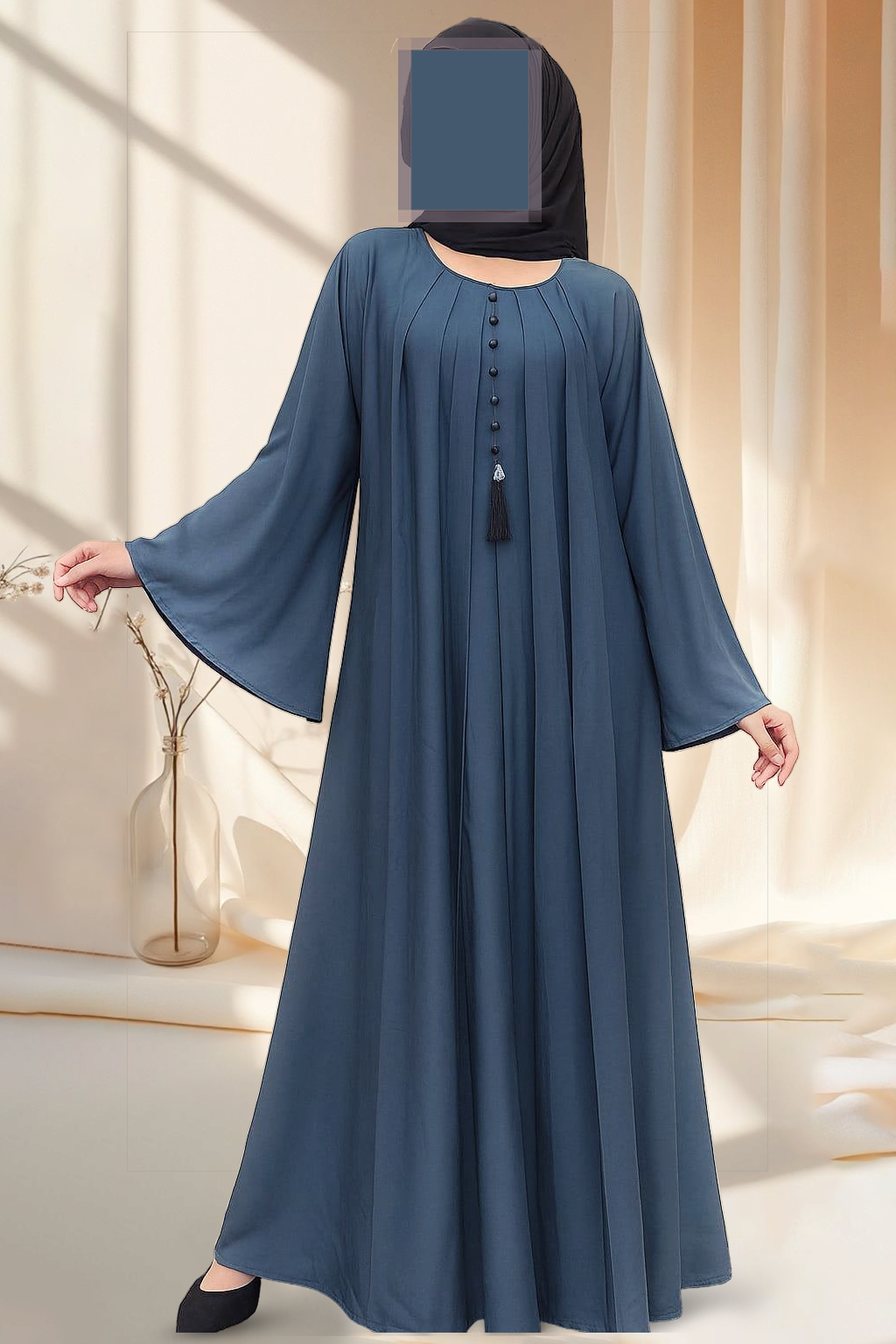 Pleated One-Piece Abaya with Decorative Button & Tassel