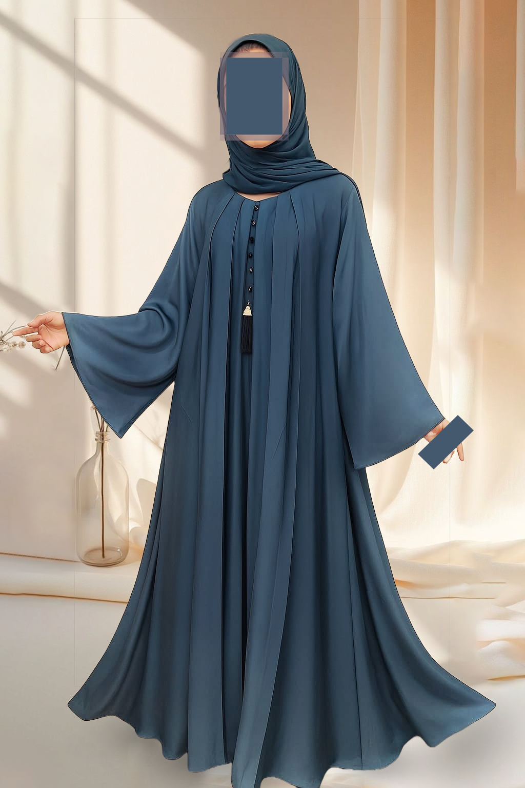 Pleated One-Piece Abaya with Decorative Button & Tassel