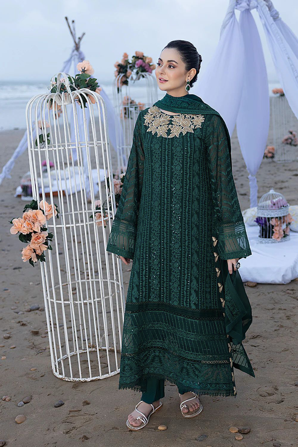 Emerald Green Chiffon Embroidered 3-Piece Suit with Neck Patch & Tassels