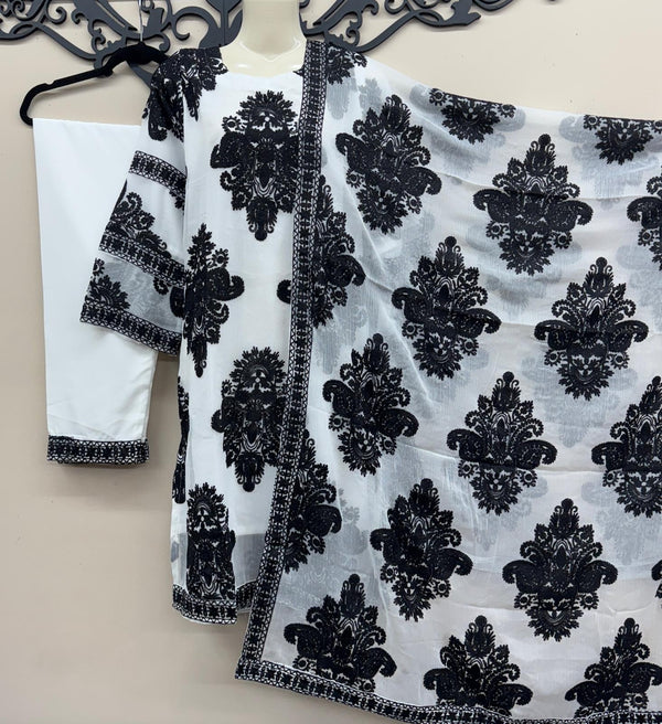 Chiffon Embroidered 3-Piece Suit - Full Thread Work & Lining