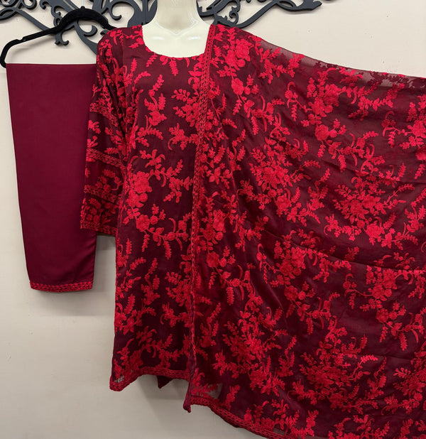 Bold Red Chiffon Embroidered 3-Piece Outfit - For All Seasons