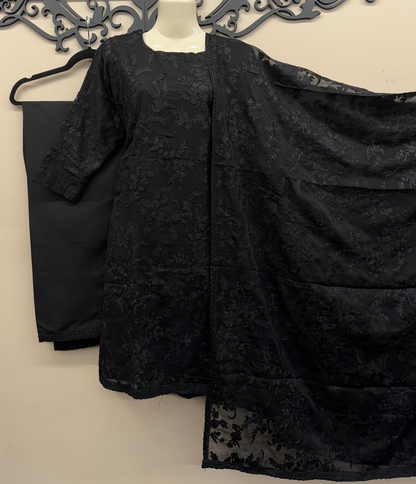 Elegant Black Chiffon Embroidered 3-Piece Outfit - For All Seasons