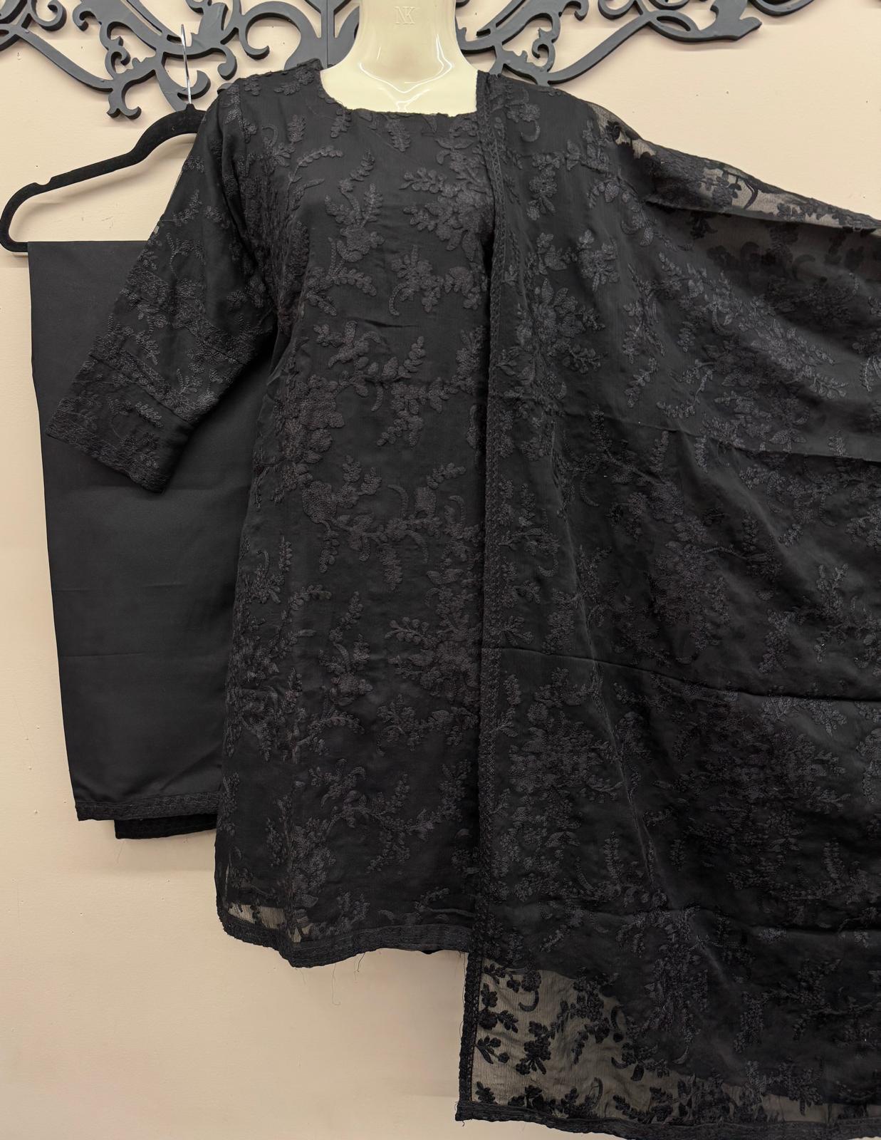 Black Chiffon Embroidered 3-Piece Outfit - Classic Elegance for All Seasons