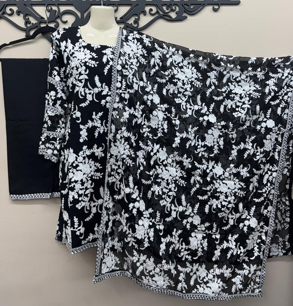 Black Chiffon Embroidered 3-Piece Outfit - Classic Elegance for All Seasons