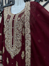 Maroon 3-Piece Chiffon Embroidered Outfit