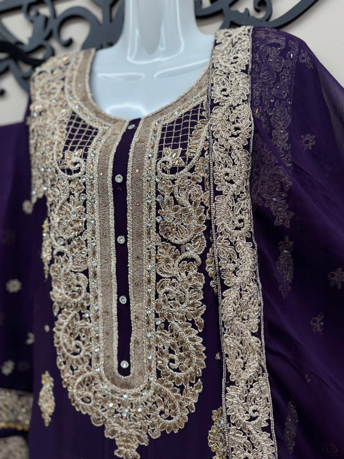 Purple 3-Piece Chiffon Embroidered Outfit