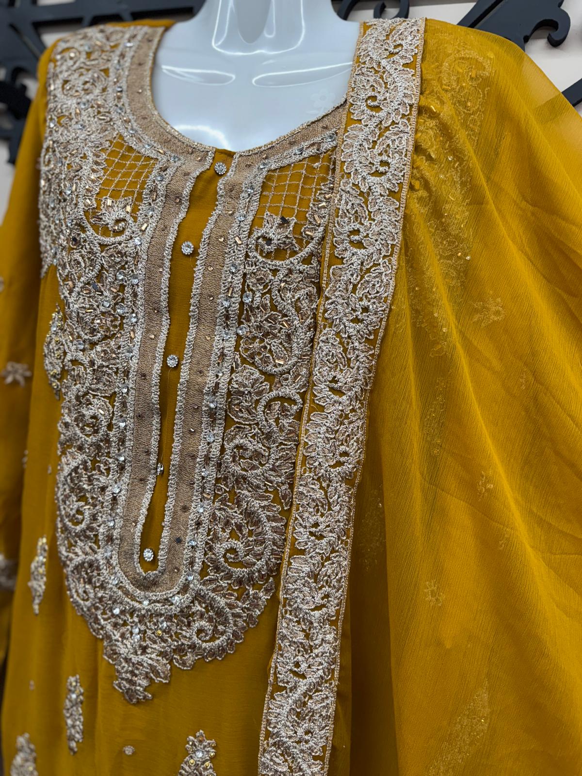 Mustard 3-Piece Chiffon Embroidered Outfit