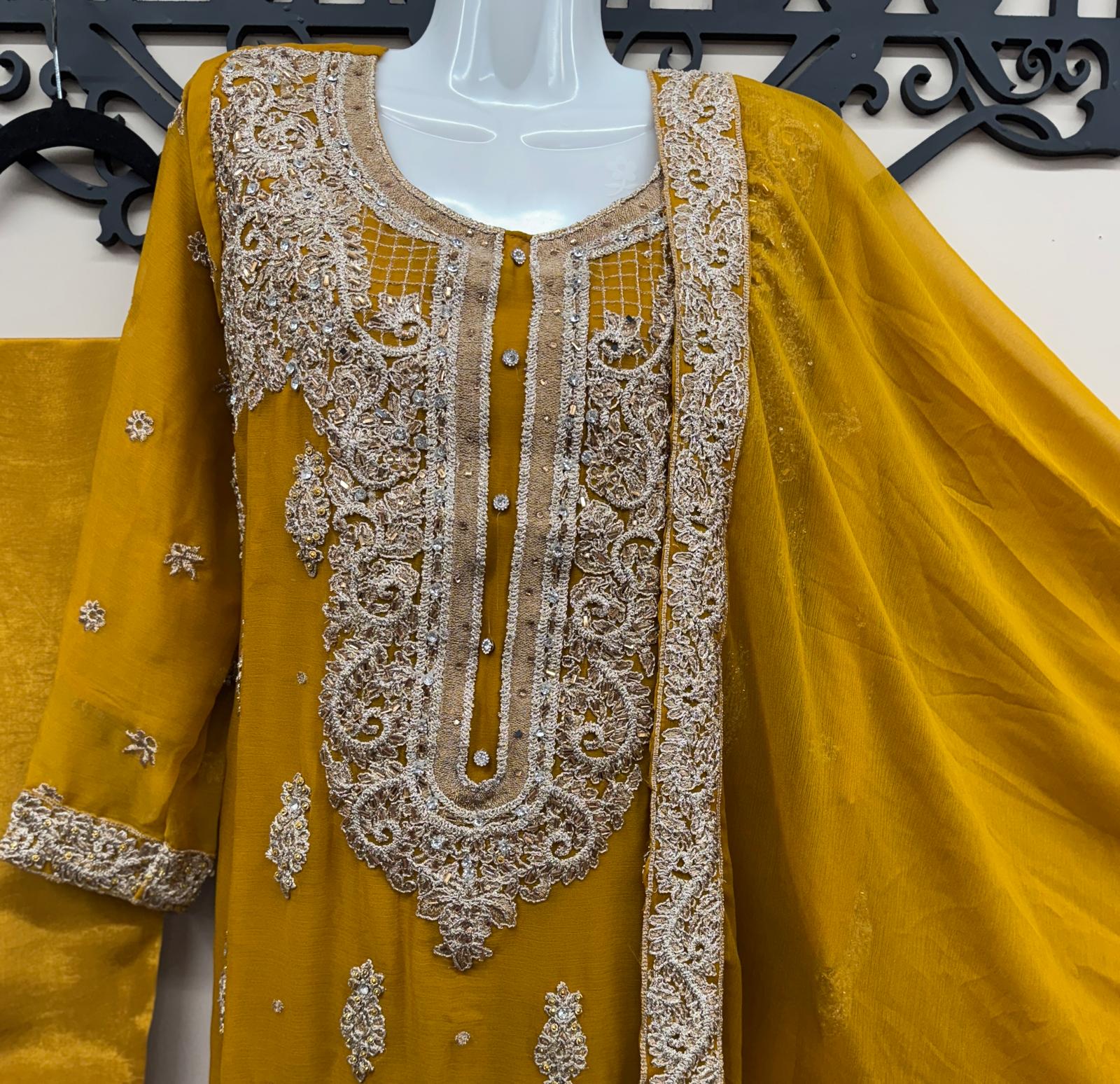 Mustard 3-Piece Chiffon Embroidered Outfit