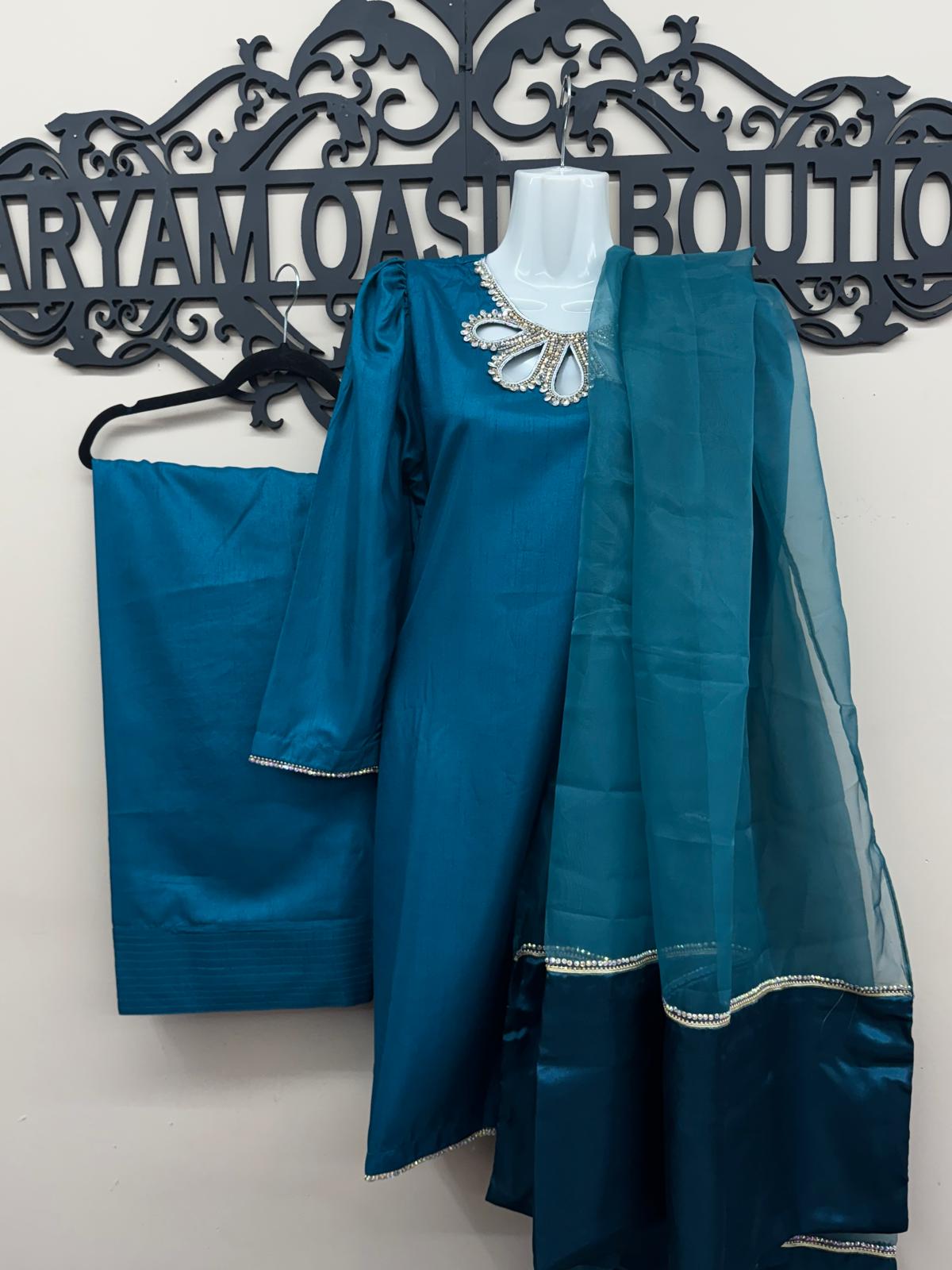 3-Piece Kattan Silk Farshi Shalwar Qameez with Embroidered Dupatta