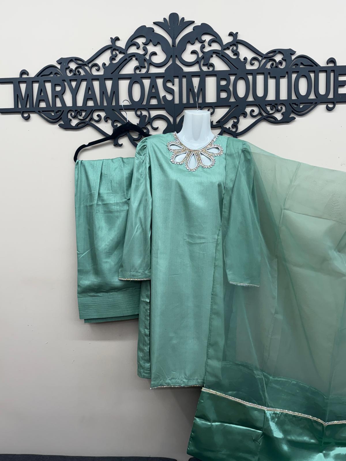 Cool-toned Green Kattan Silk 3Pc Farshi Suit – Hand Embroidered