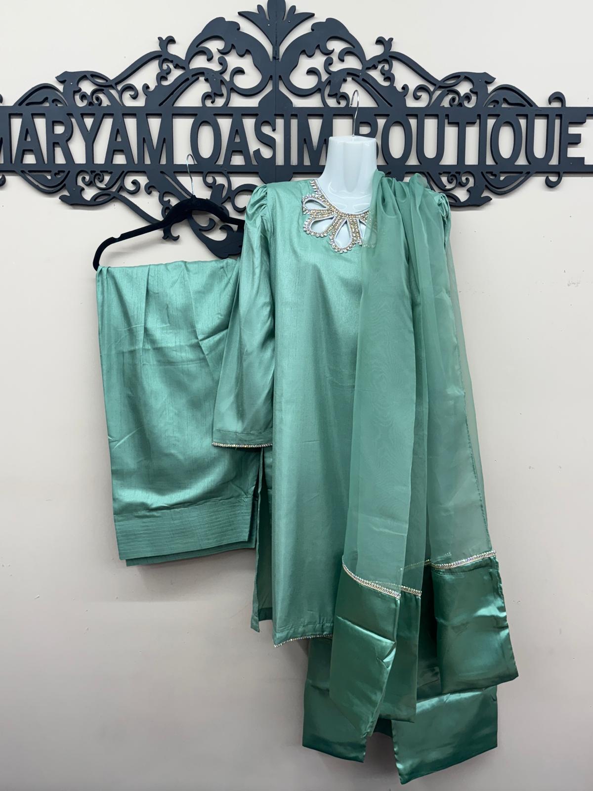 Cool-toned Green Kattan Silk 3Pc Farshi Suit – Hand Embroidered