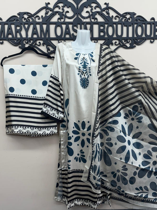 Silk Printed 3-Piece Long Shirt Suit with Palazzo Pants & Dupatta – Elegant Formal Wear