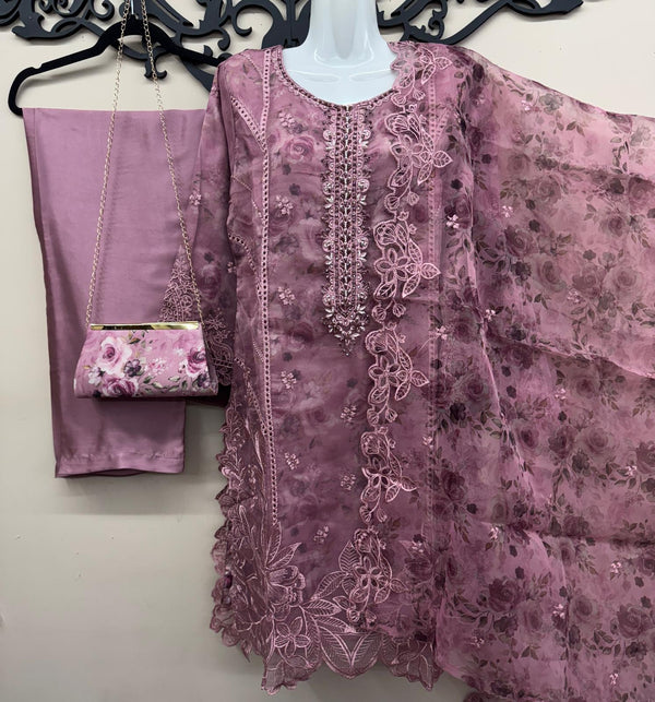 Elegant 4-Pcs Organza Embroidered Outfit