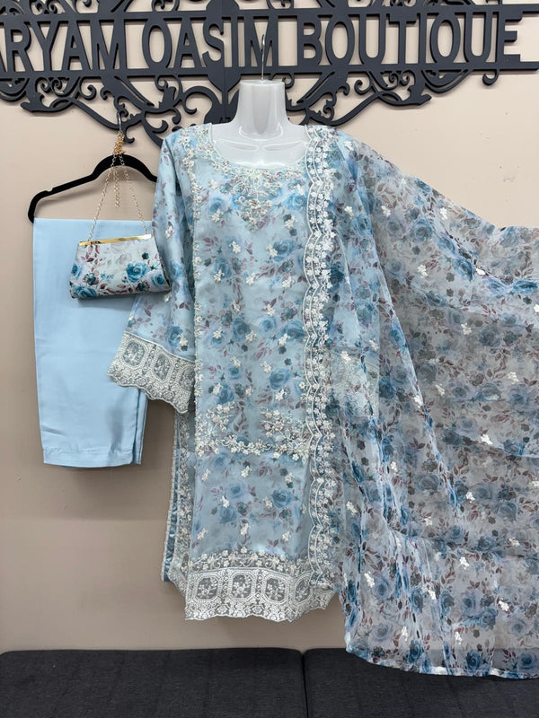 4-Piece Organza Embroidered Outfit with Silk Bottoms & Matching Clutch