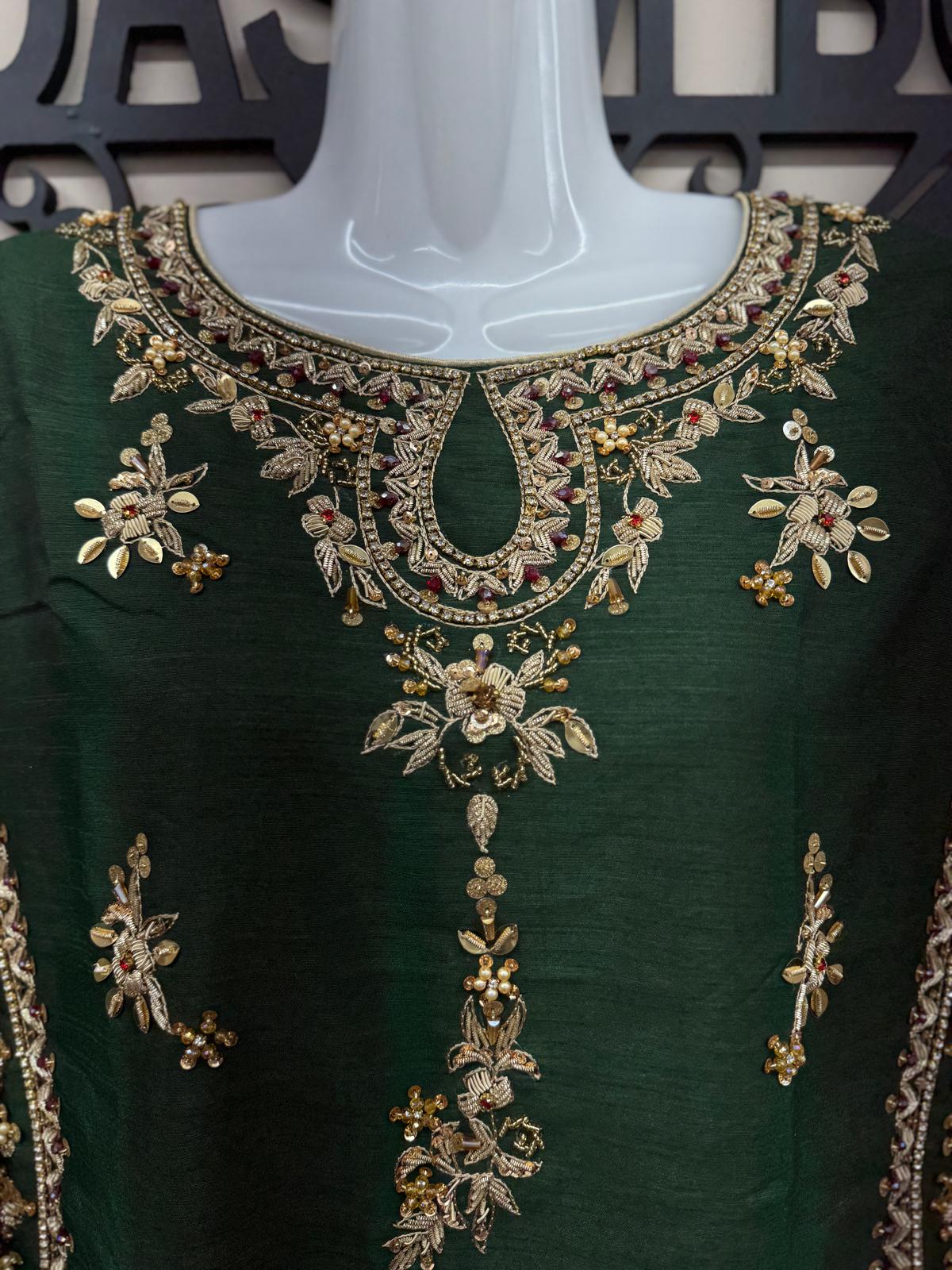 Luxury 3-Piece Katten Silk Outfit – Zari Handwork with Dupatta