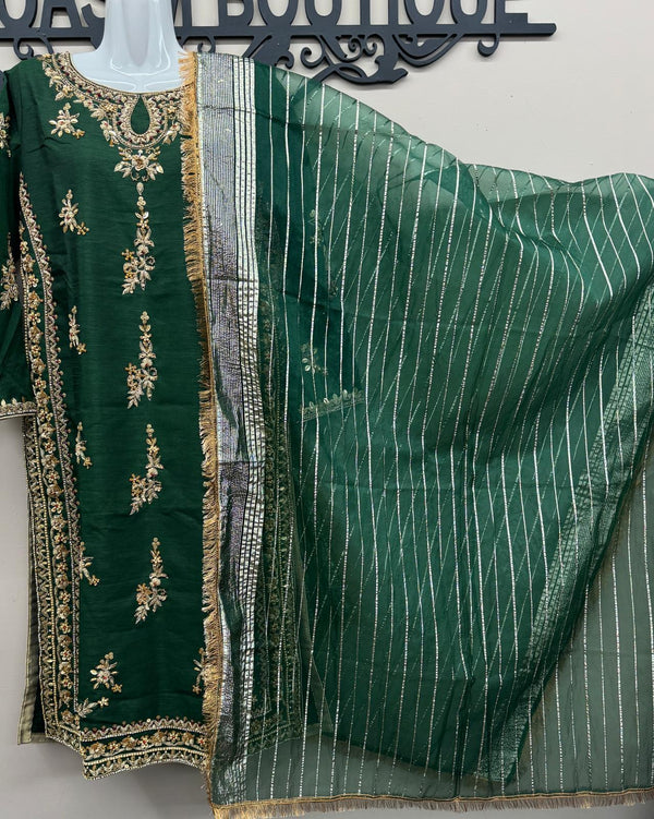 Luxury 3-Piece Katten Silk Outfit – Zari Handwork with Dupatta