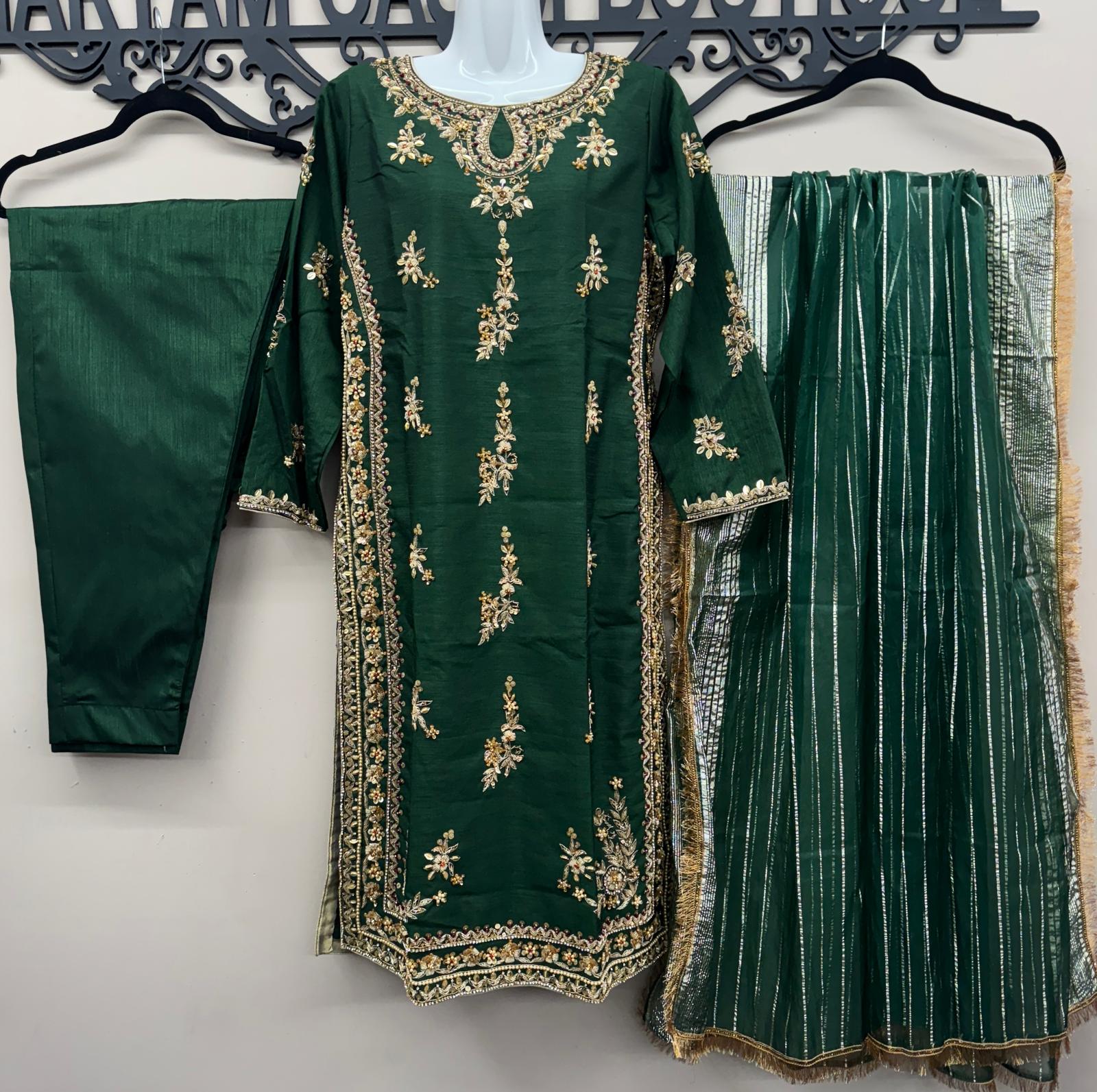 Luxury 3-Piece Katten Silk Outfit – Zari Handwork with Dupatta