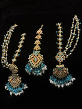 Elegant Pearl & Aqua Blue Earring Tikka Set with Side Saharas