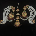 Royal Pearl Sahara Earring & Tikka Set – Red & Green Stonework