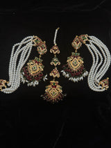 Royal Pearl Sahara Earring & Tikka Set – Red & Green Stonework