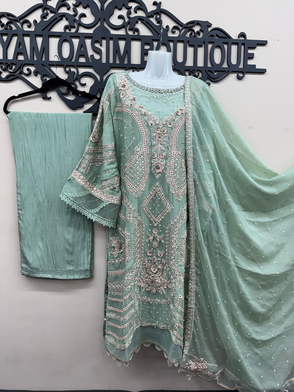 Luxury 3PC Embroidered Chiffon Dress with Raw Silk Trousers
